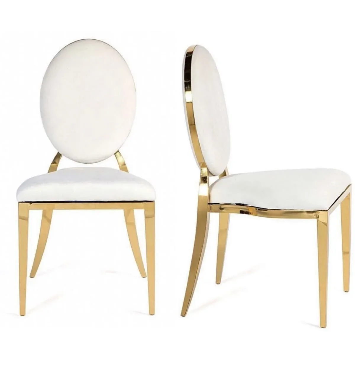 Two chairs with white upholstered seats and backs, and gold-colored frames, one facing forward and one angled.