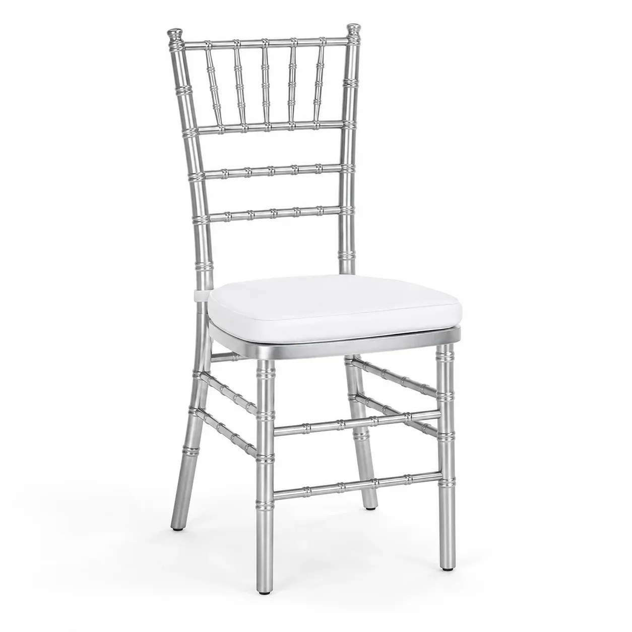 Silver chair with a white cushion.
