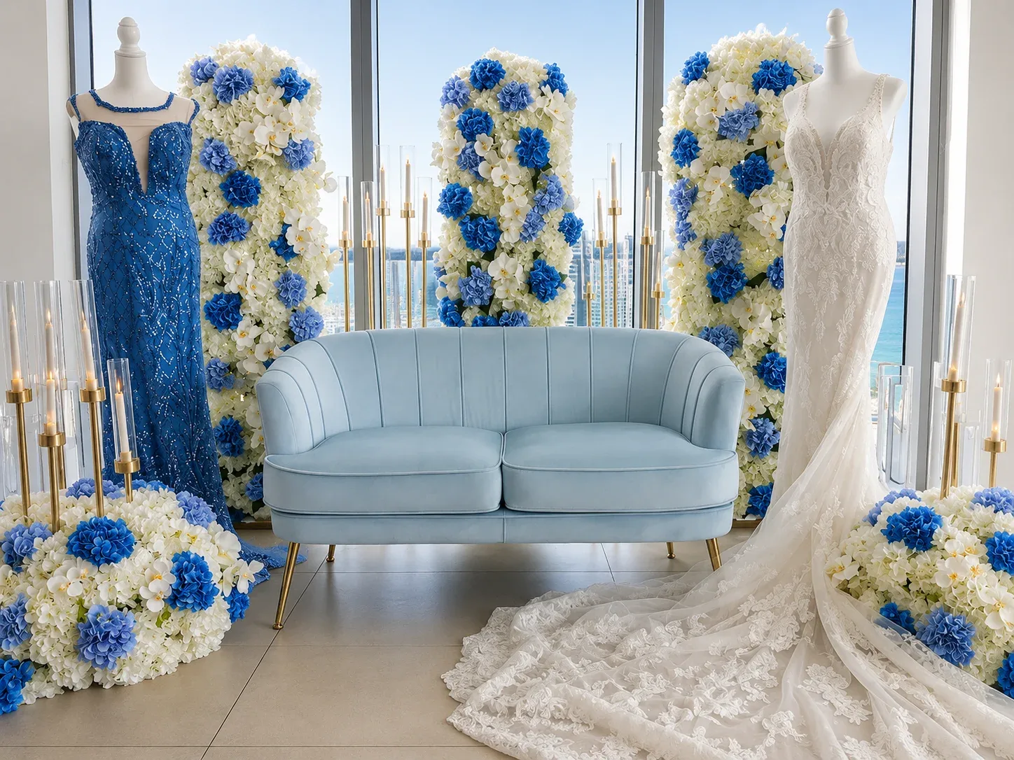 Two mannequins in dresses, a blue sofa, and floral arrangements with candles by a window.