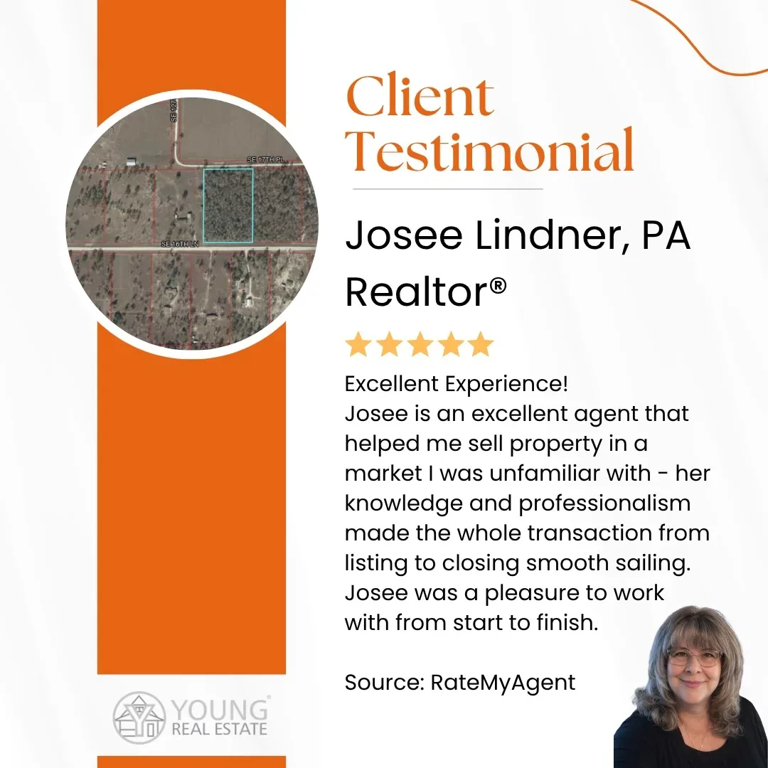 Client Testimonial for Josee Lindner, PA Realtor, with a map and a woman's portrait.