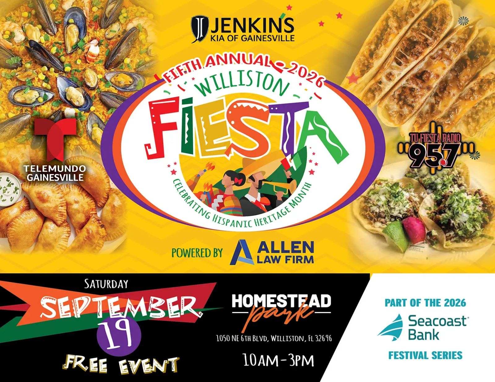 An event flyer for the Fifth Annual Williston Fiesta, celebrating Hispanic Heritage Month, with images of food.