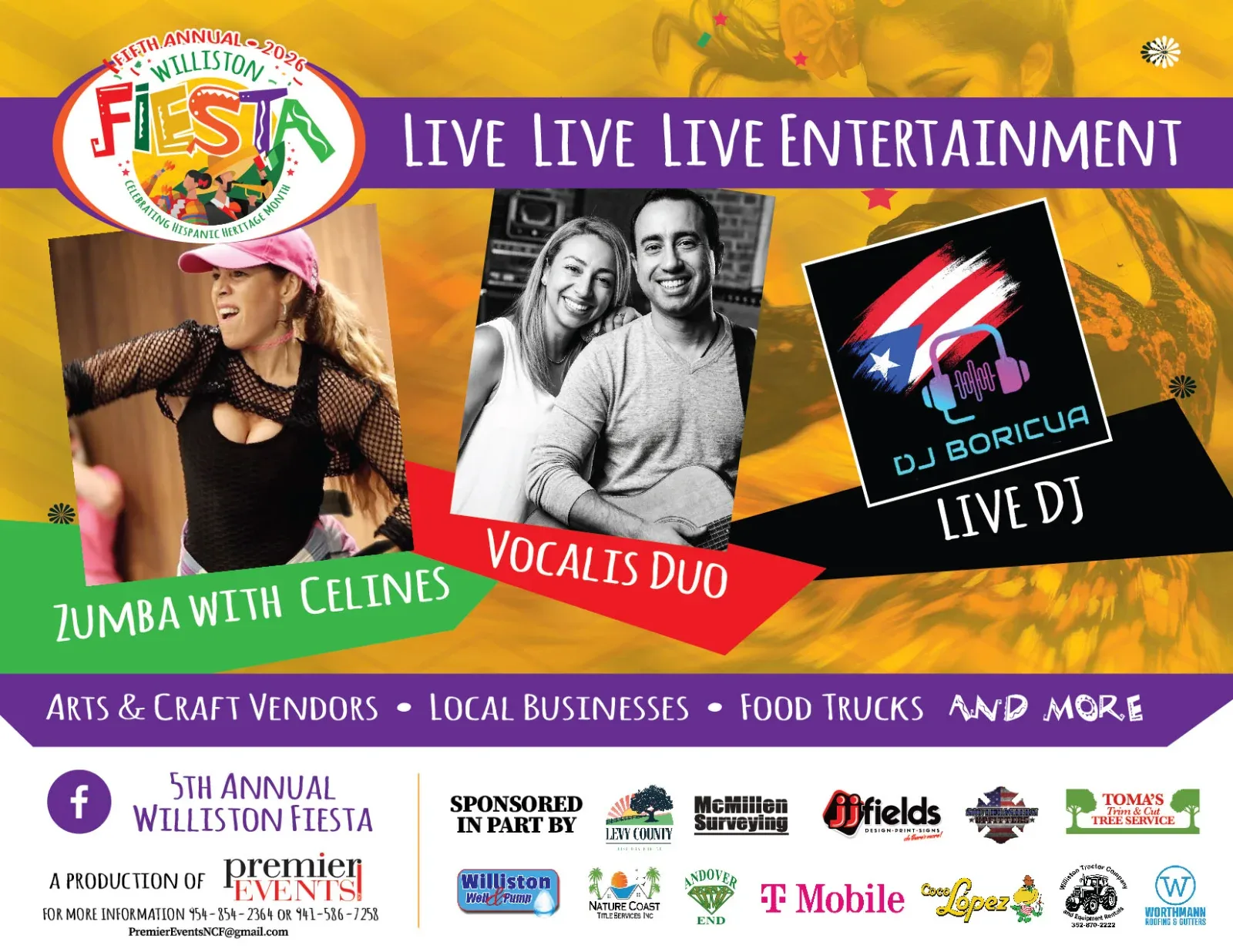 A flyer for the 5th Annual Williston Fiesta with performers, vendors, and sponsor logos.