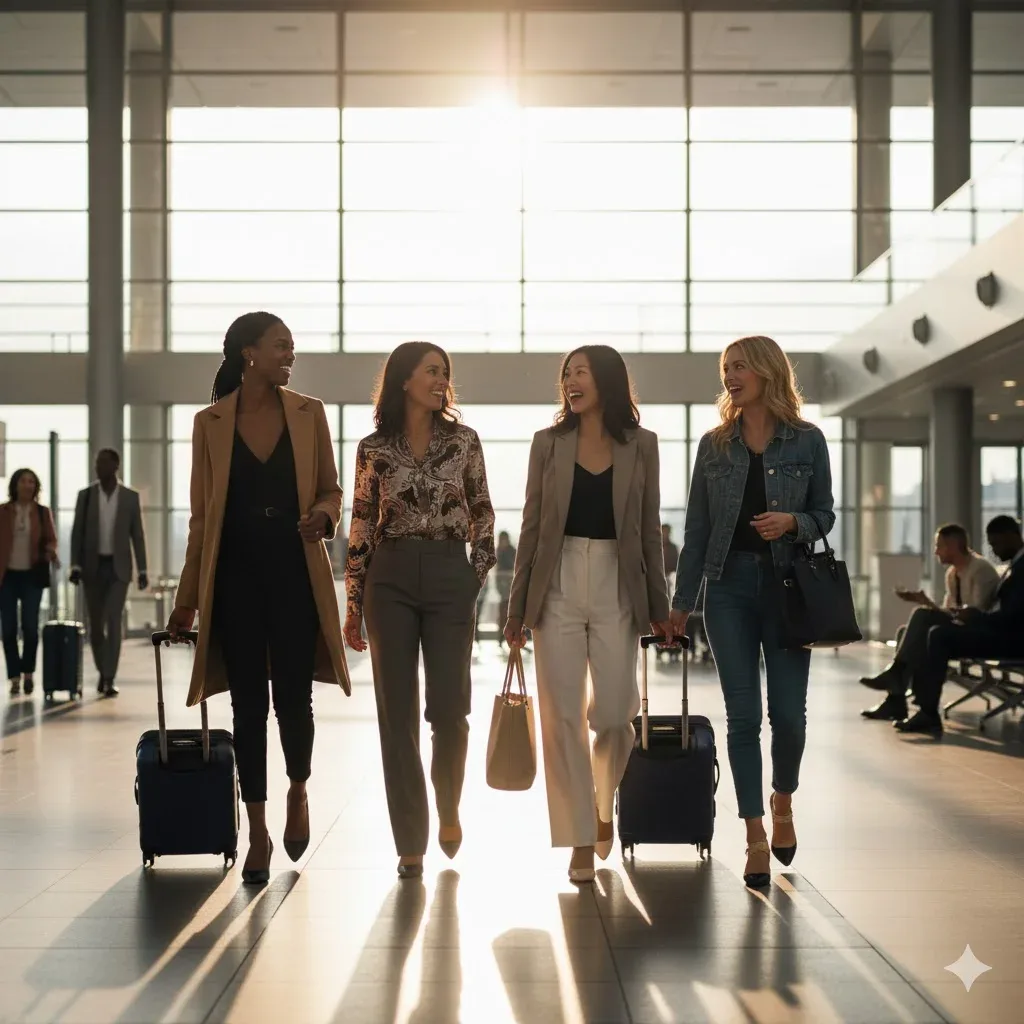 Gemini girlfriends  walking through the airport pulling their luggage.webp