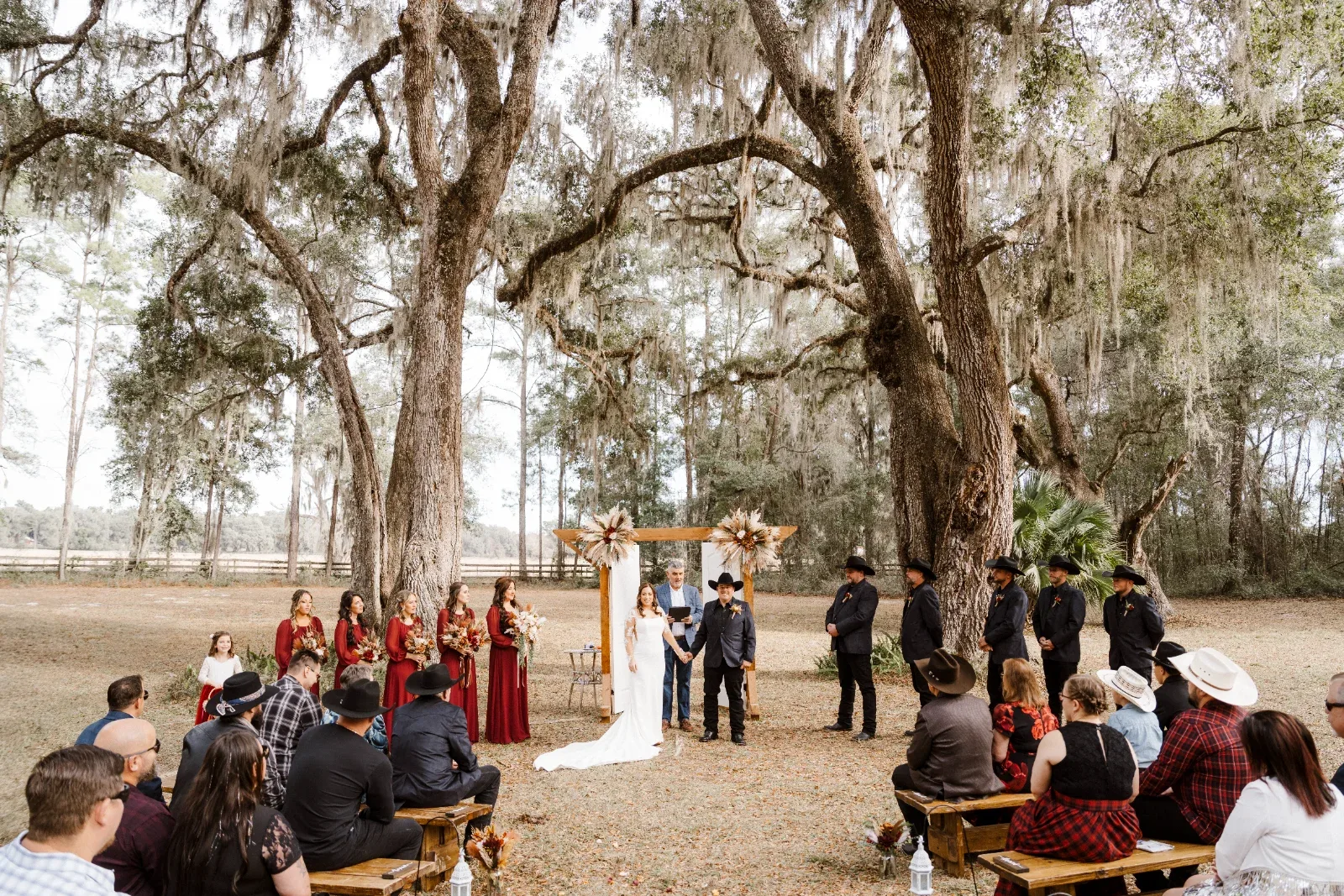 A wedding ceremony takes place outdoors under large trees with Spanish moss, with guests seated on wooden benches.