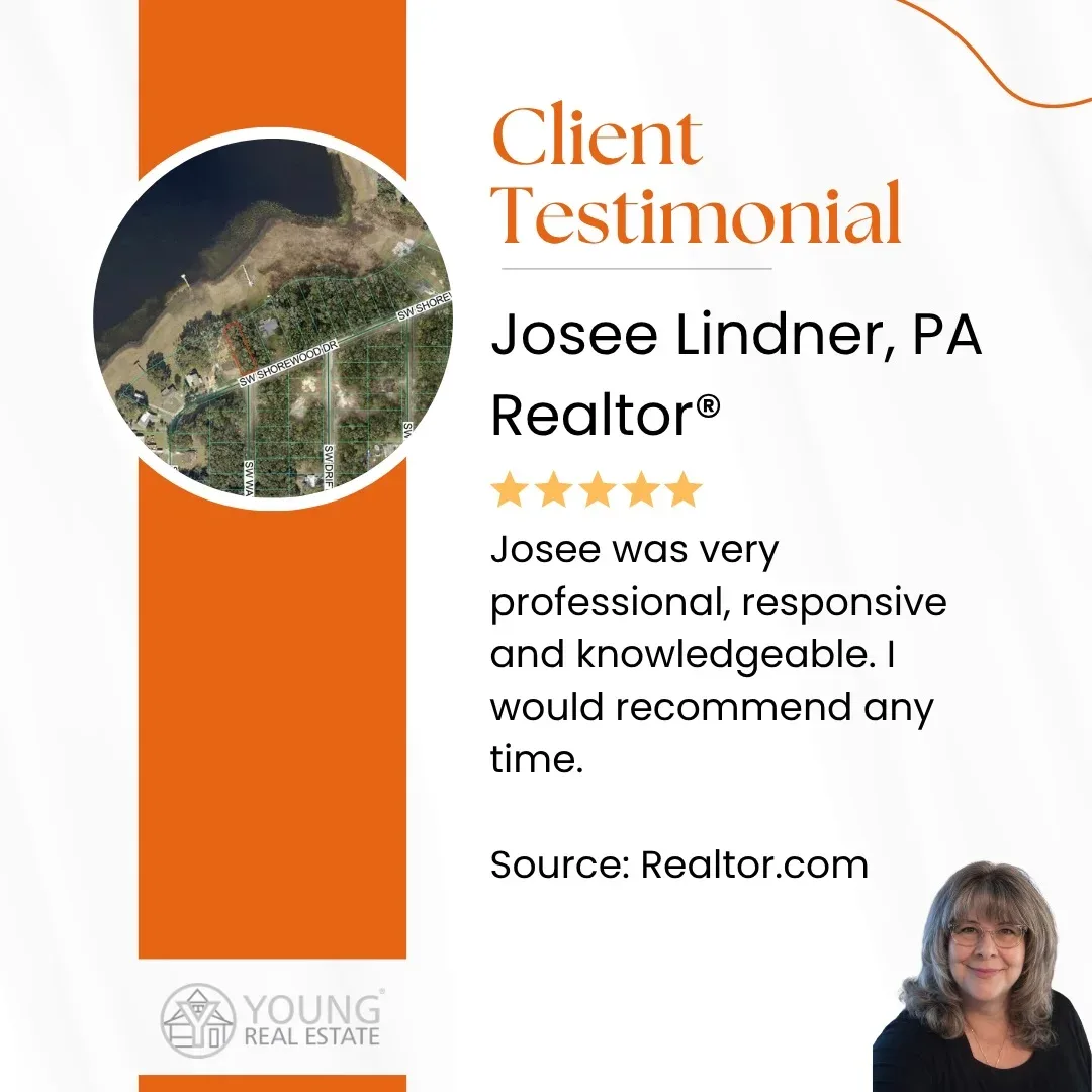 Client Testimonial for Josee Lindner, PA Realtor, with a map and a photo of a woman.