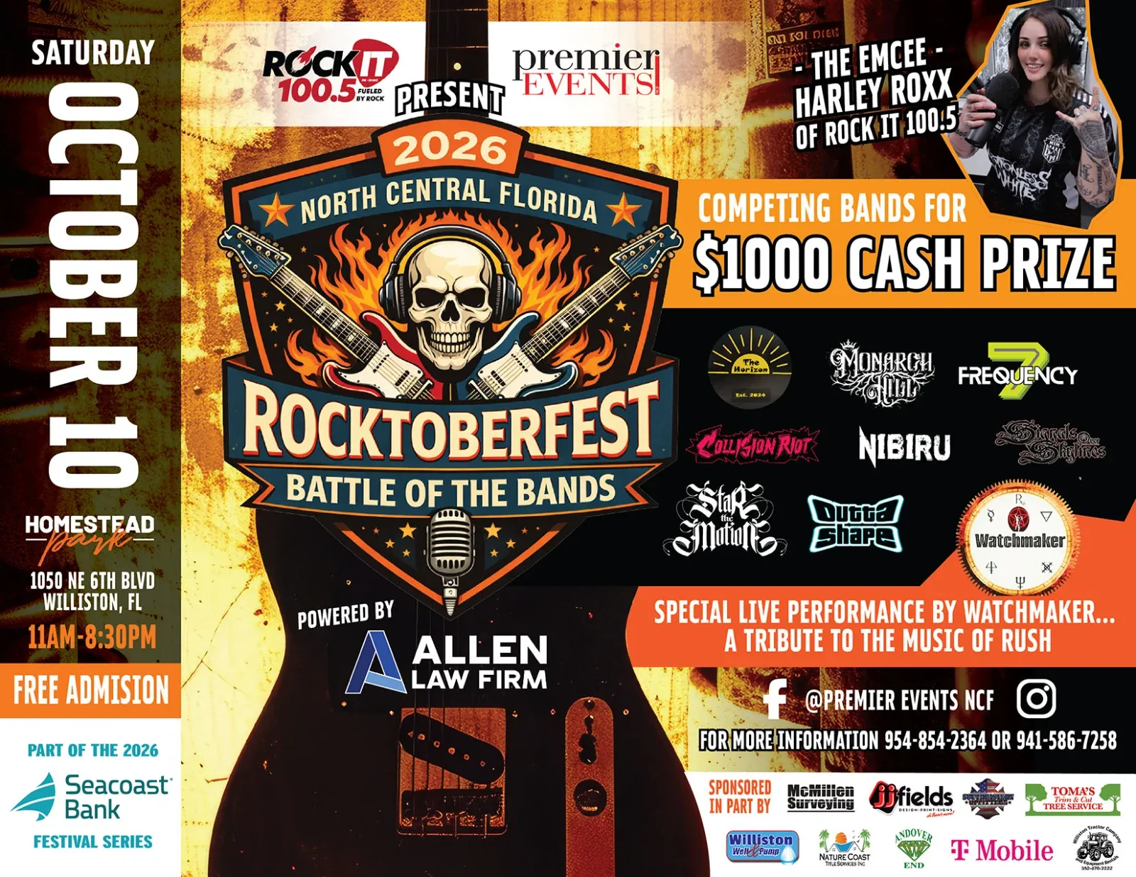 A poster for Rocktoberfest Battle of the Bands on Saturday, October 10, 2026, with event details.