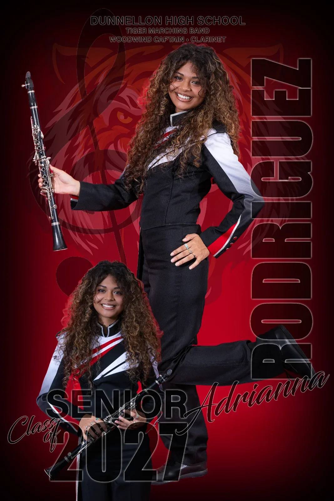 A young woman in a band uniform holding a clarinet, with text "DUNNELLON HIGH SCHOOL" and "SENIOR Class of 2027".