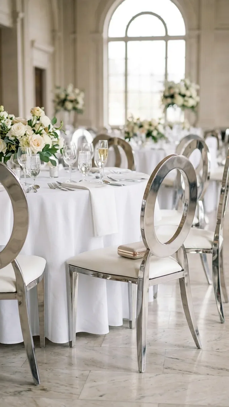Tables set with white tablecloths, place settings, and floral centerpieces in a room with arched windows.