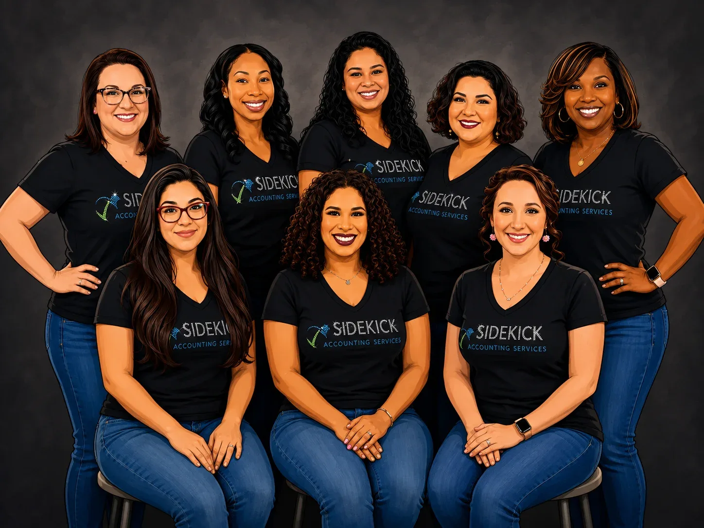 Eight women in black shirts with "SIDEKICK ACCOUNTING SERVICES" logos and blue jeans pose for a group photo.