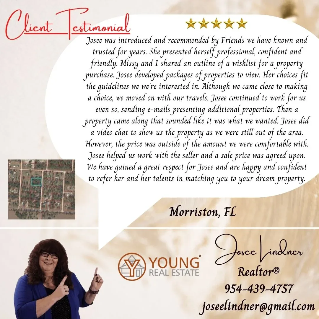 A woman points to a client testimonial, a map, and a "YOUNG REAL ESTATE" logo.