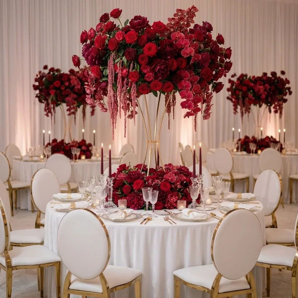 A formal dining room with round tables set with white tablecloths, red floral centerpieces, and candles.